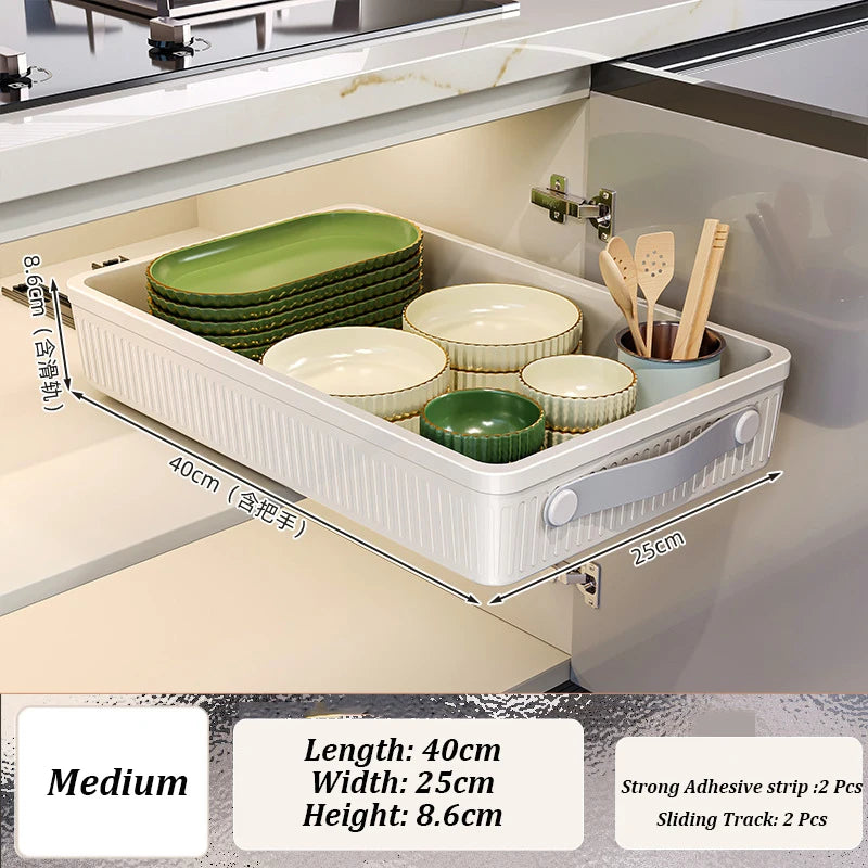 Kitchen Sliding Drawer Cabinet Organizer with Handle — No-Drill, Multipurpose