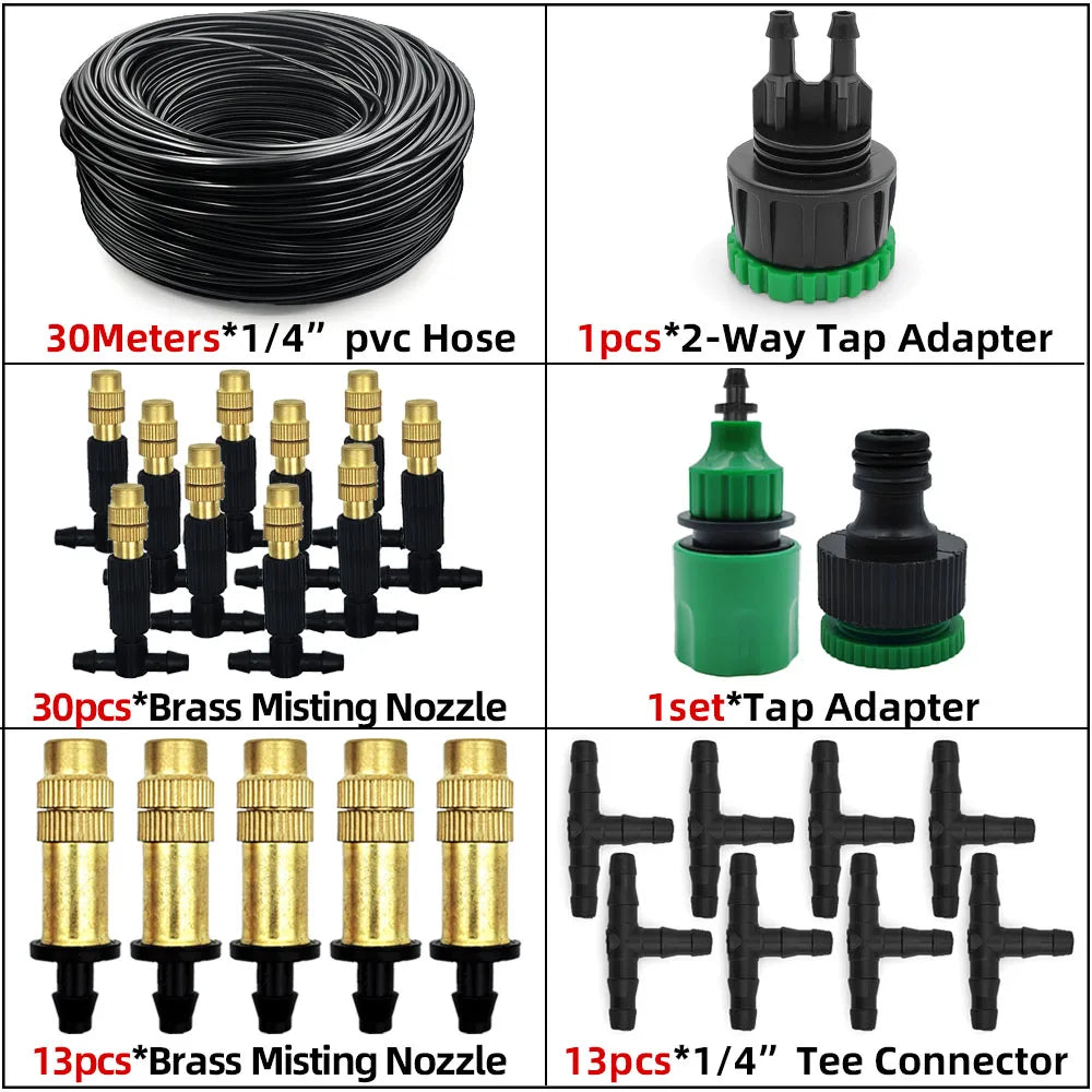 Outdoor Misting Cooling System – Brass Atomizer Nozzles & 4/7mm Hose for Patio & Greenhouse (5–30 m)