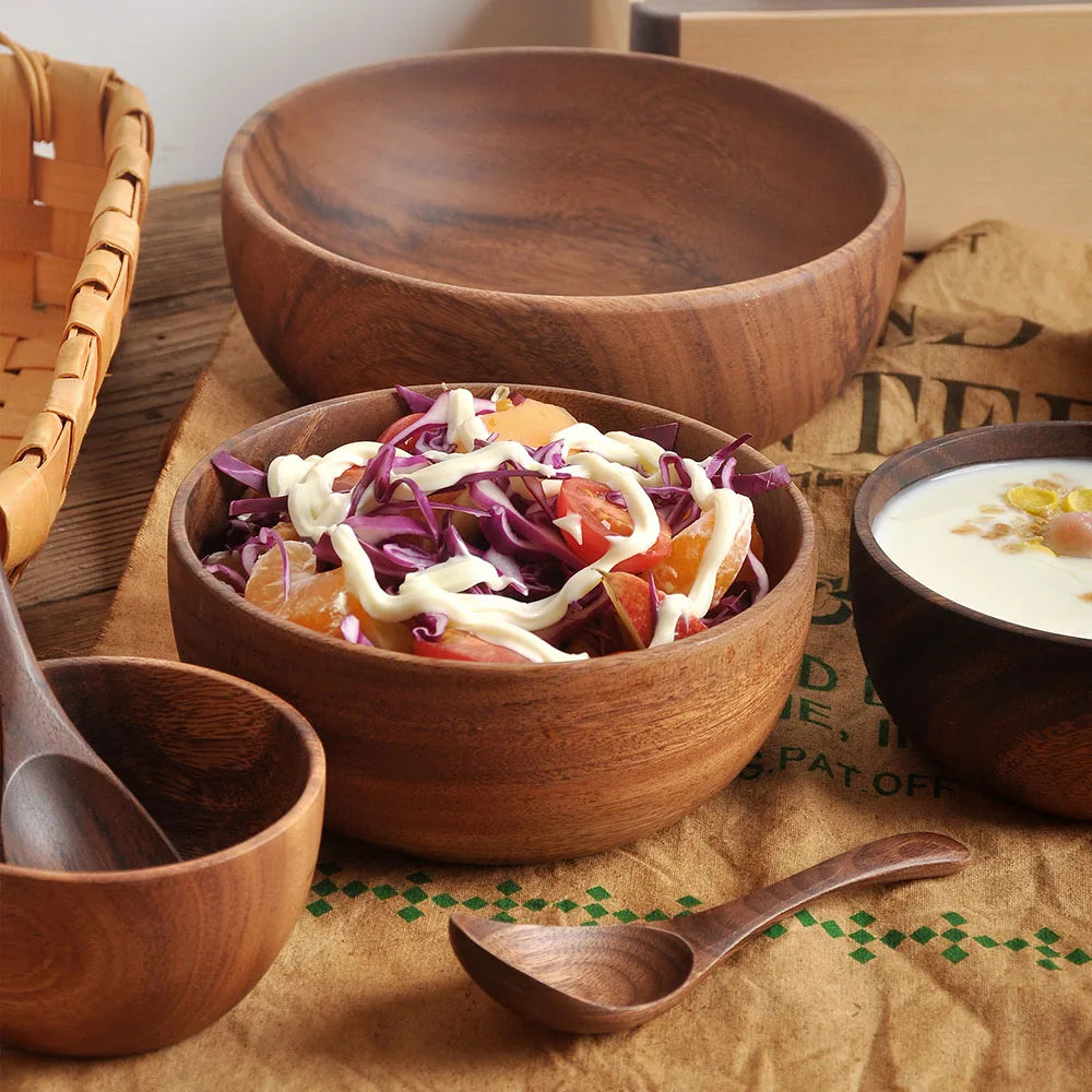 Natural Acacia Wood Salad Bowl — Handmade, Multiple Sizes