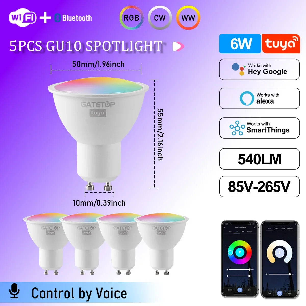 Tuya WiFi GU10 Smart Spotlight — Dimmable, Alexa & Google Compatible