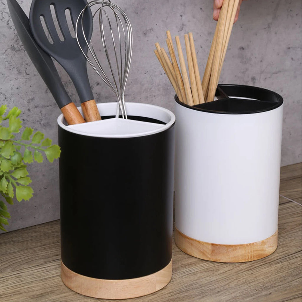 Rotatable Cutlery & Utensil Holder — Detachable, 3-Section, with Drain