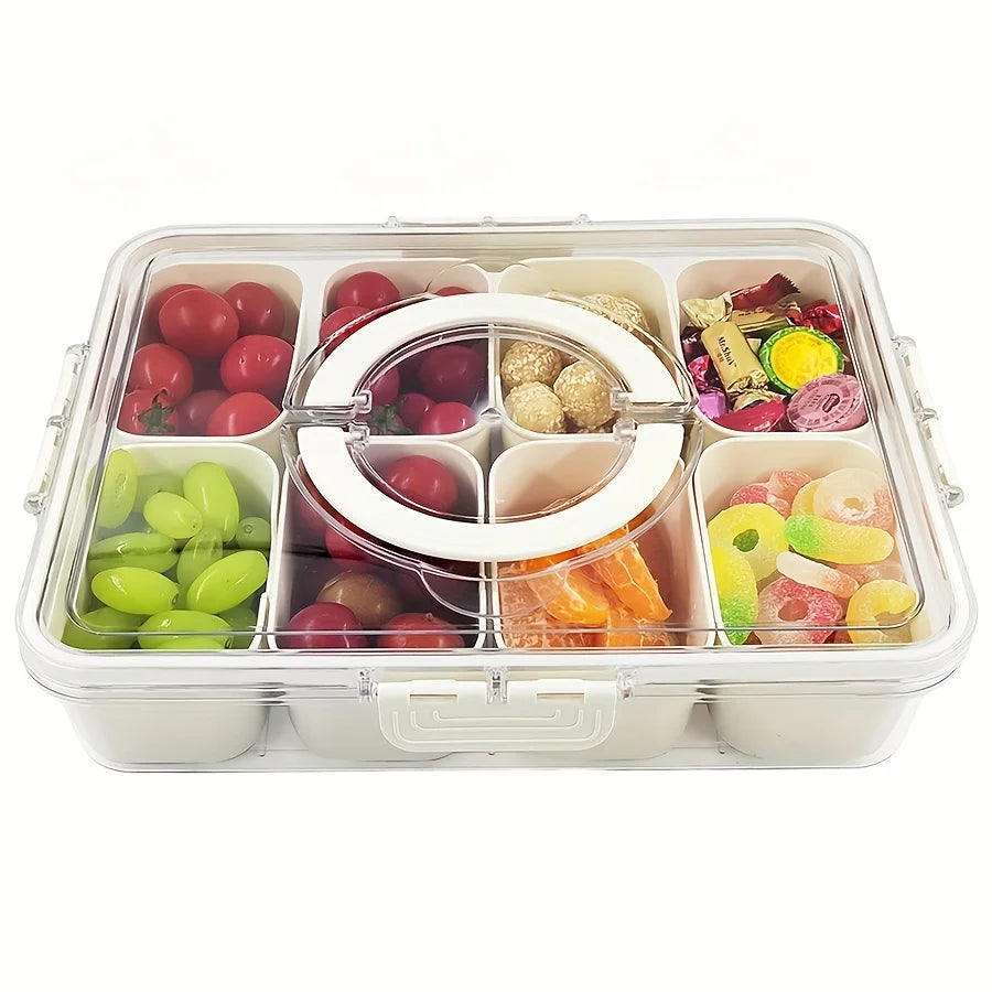 8-Grid Divided Serving Tray with Lid — for Snacks, Fruit & Fridge Storage