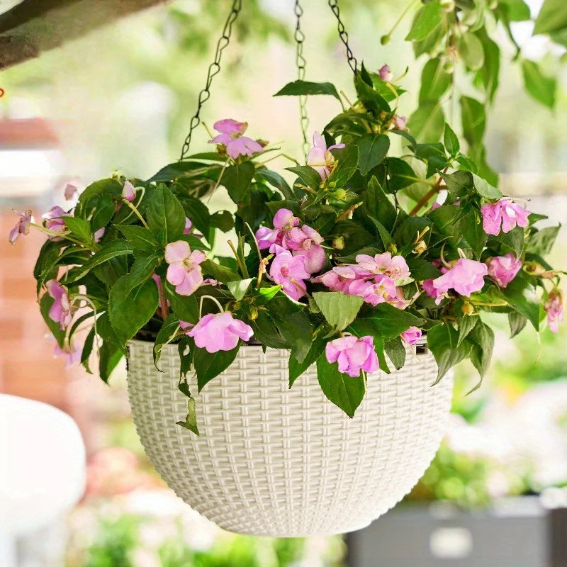 Elegant Polypropylene Self-Watering Hanging Planters with Rattan Design - Easy Drain Plug for Efficient Watering