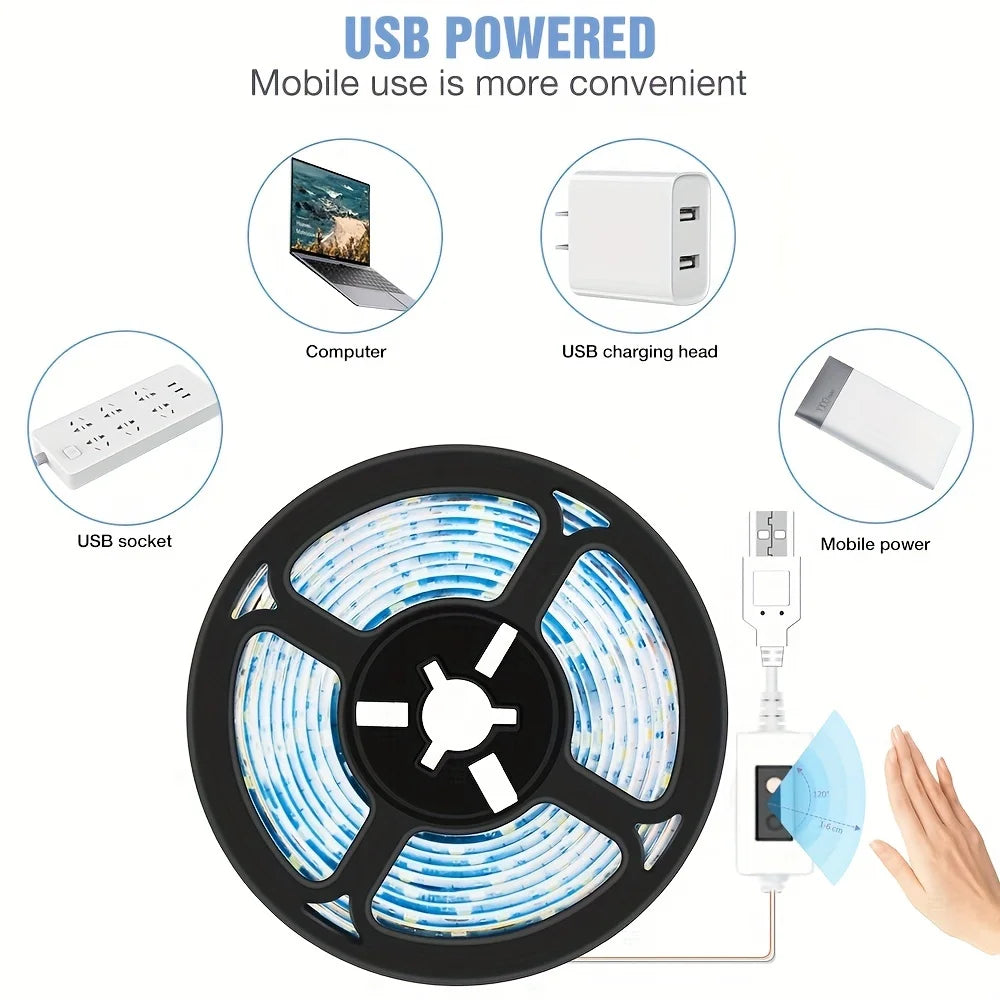 Gesture-Activated LED Strip Light — USB, Dimmable, for Cabinets & TV Backlight