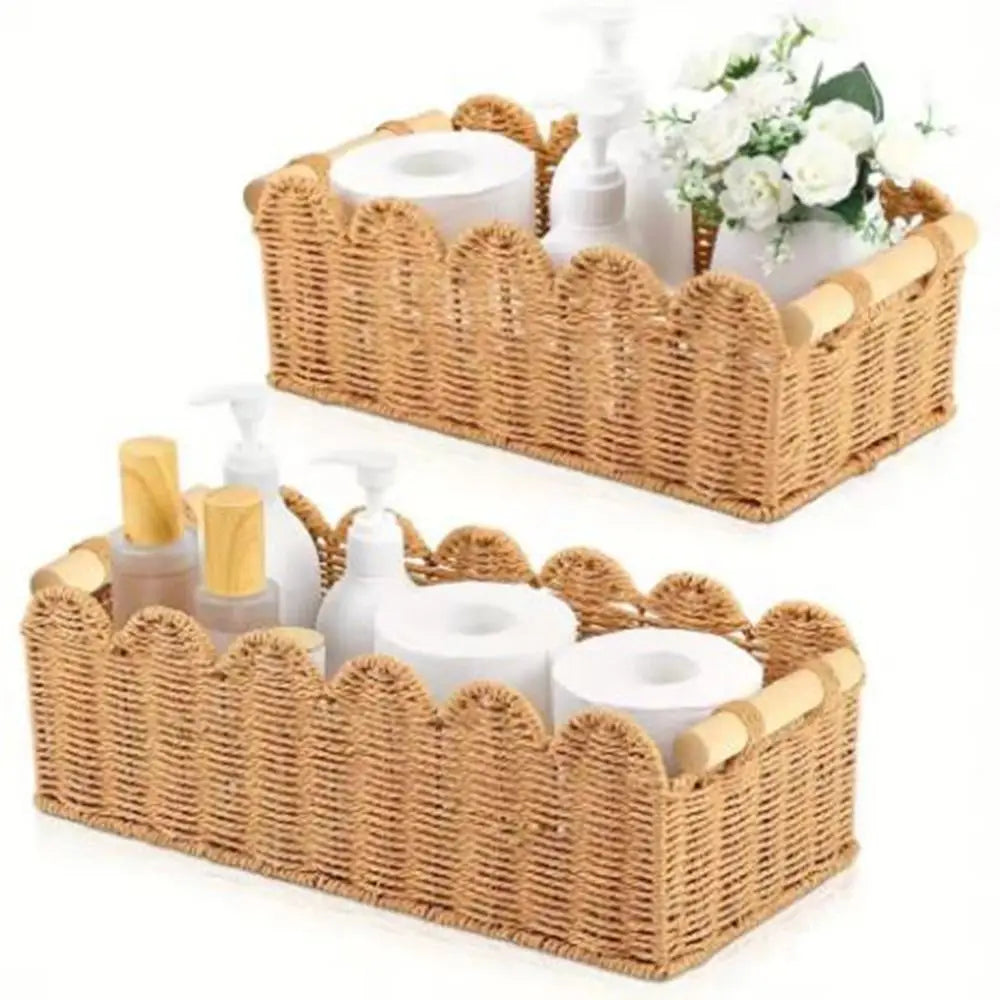 Handwoven Paper Rope Storage Basket — Scalloped Edge, Toilet Paper & Decor