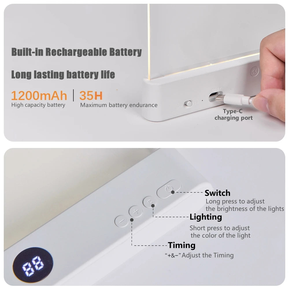 LED Flat Panel Reading Light — USB Rechargeable, Timer & Dimming