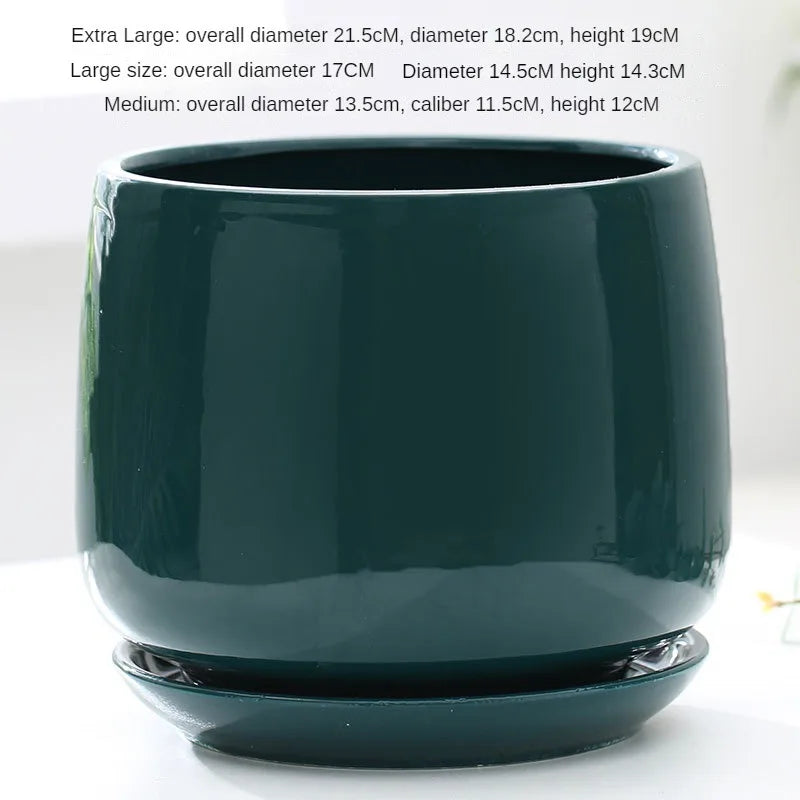 Large Nordic Ceramic Flowerpot with Tray – Glazed Balcony & Indoor Planter