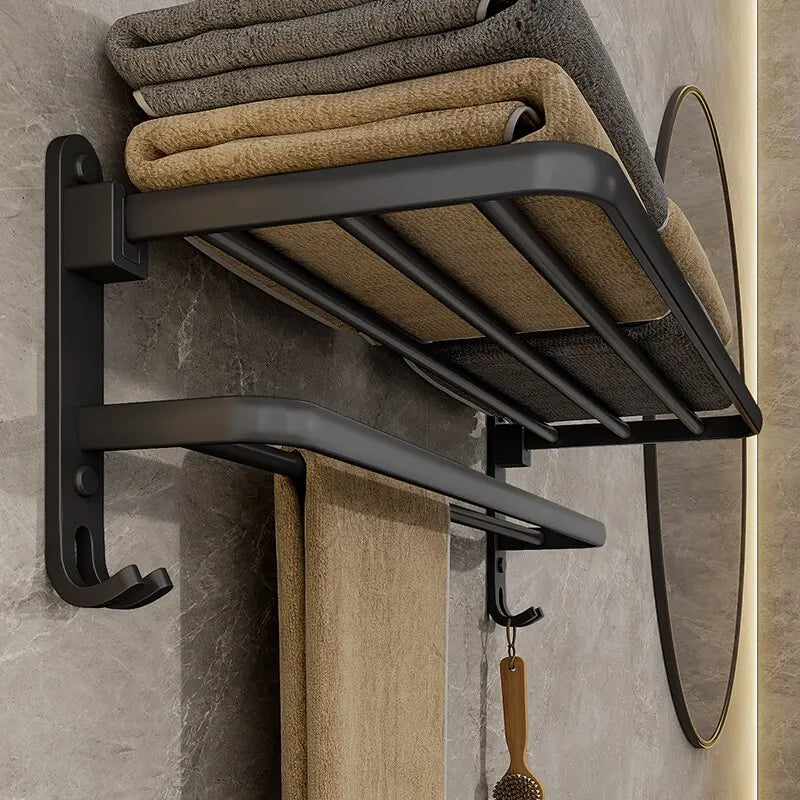 Matte Black Folding Towel Rack with Hook — Double Bar, Space Aluminum, 49×21cm