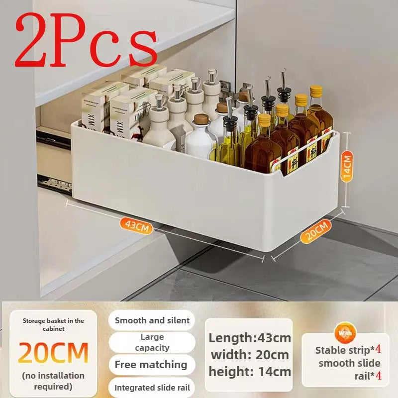 Pull-Out Cabinet Storage Rack with Slide Rails — No-Drill, Smooth & Quiet