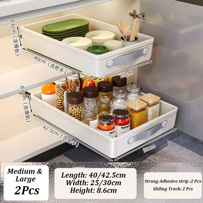 Kitchen Sliding Drawer Cabinet Organizer with Handle — No-Drill, Multipurpose