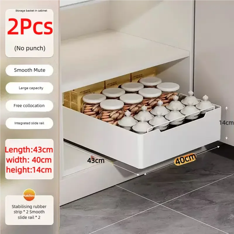 Pull-Out Cabinet Storage Rack with Slide Rails — No-Drill, Smooth & Quiet