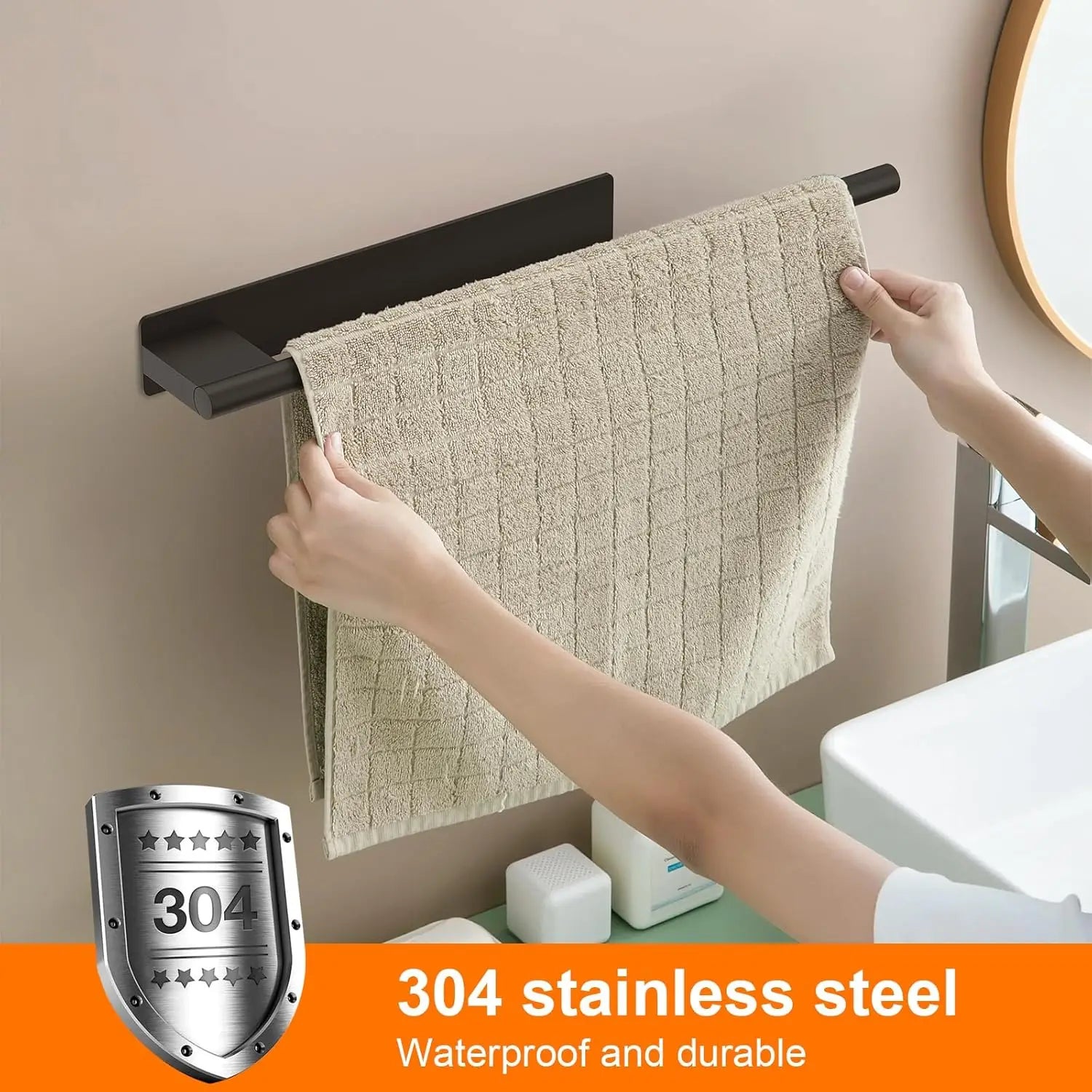 Matte Black Double Towel Bar — No-Drill Adhesive, Stainless Steel, Bathroom & Kitchen