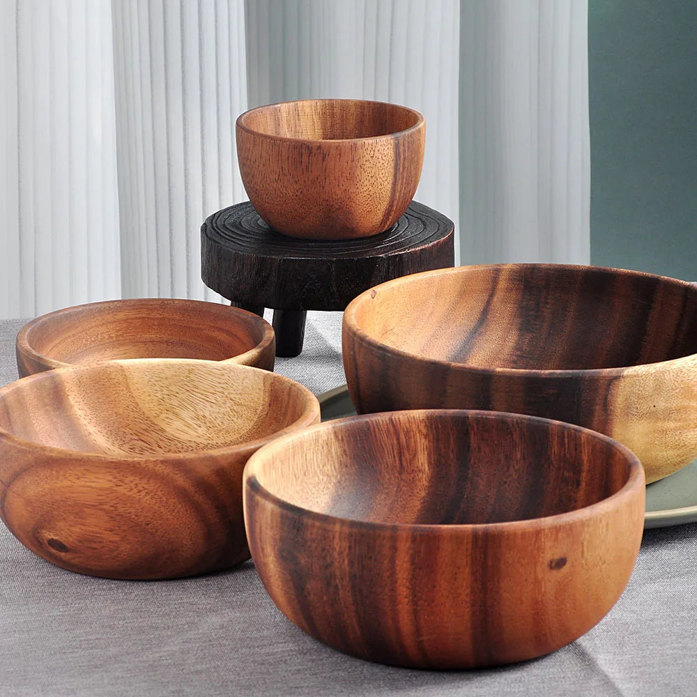 Natural Acacia Wood Salad Bowl — Handmade, Multiple Sizes