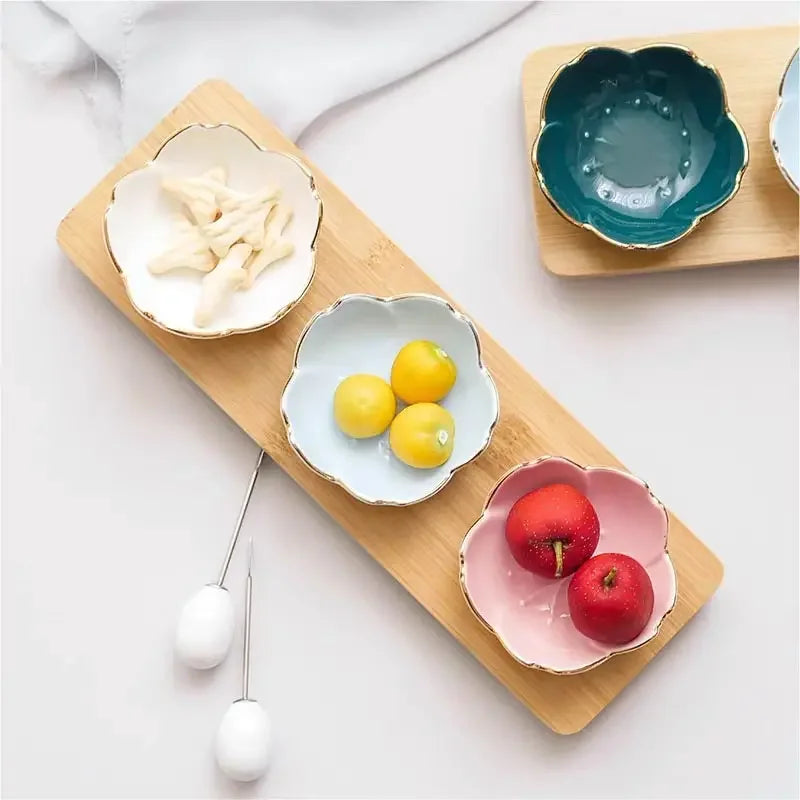 Sakura Ceramic Sauce Dish — Nordic Style, Gold Border, Set Options