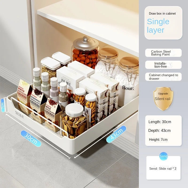 Pull-Out Cabinet Storage Rack with Slide Rails — No-Drill, Smooth & Quiet