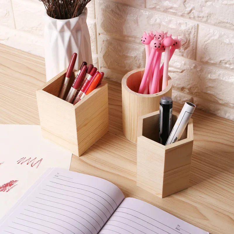 Wooden Pen & Stationery Holder — Square, Round or Hexagonal