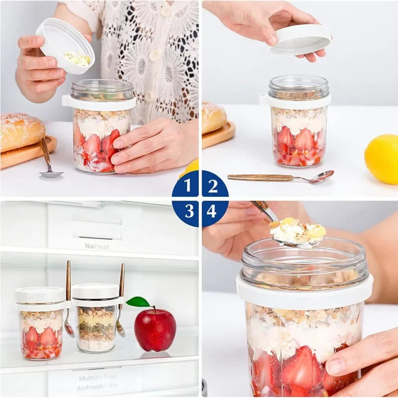 Overnight Oats Glass Jar with Lid & Spoon — Airtight, Portable
