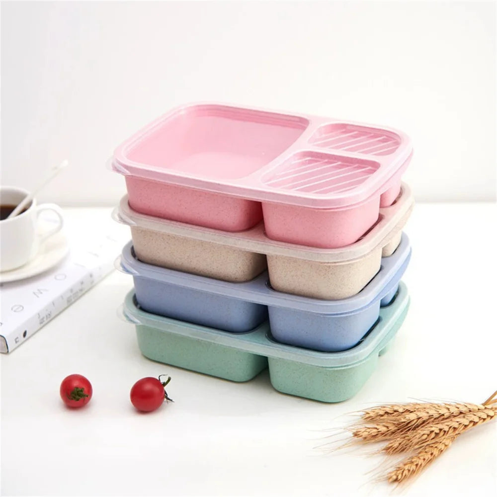 Wheat Straw Bento Lunch Box — 3 Compartments, Leakproof, Microwave Safe