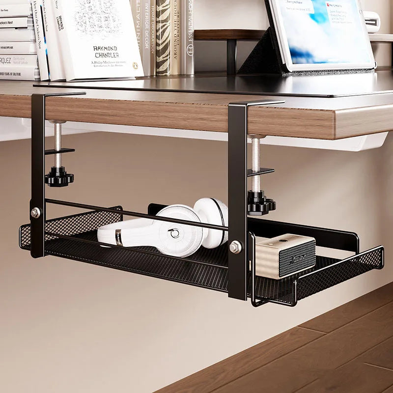 Under-Desk Carbon Steel Cable Management Rack — No-Drill Hook Mount