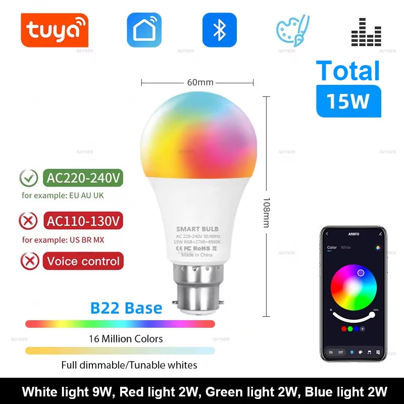 Tuya Bluetooth RGBCW Smart Bulb E27 — 16 Million Colours, Music Sync