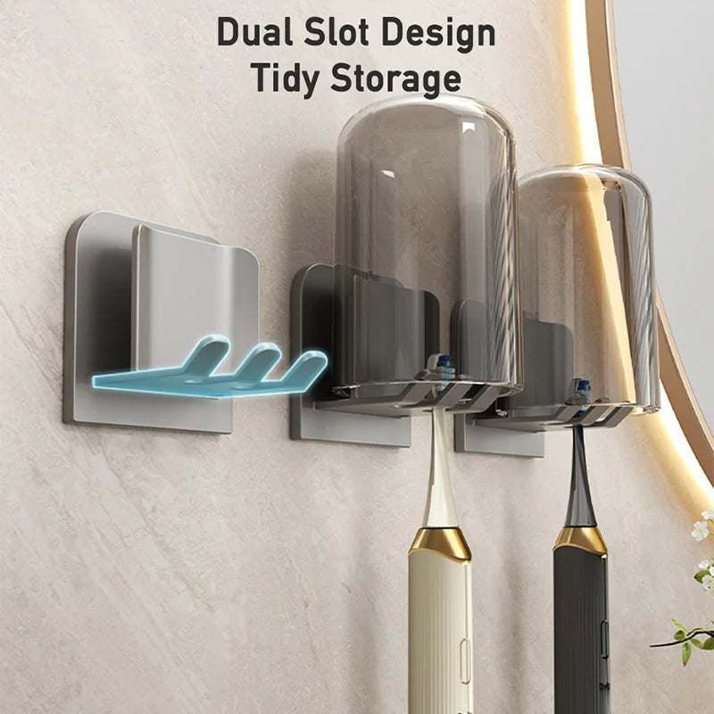 Space Aluminum Toothbrush & Cup Holder — No-Drill Wall Mount, Dual Slot