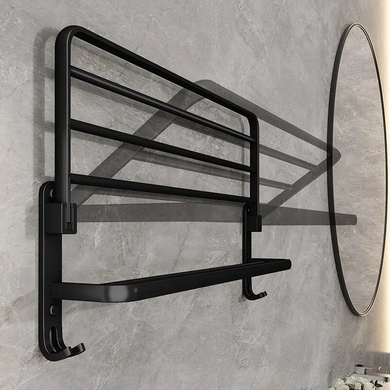 Matte Black Folding Towel Rack with Hook — Double Bar, Space Aluminum, 49×21cm