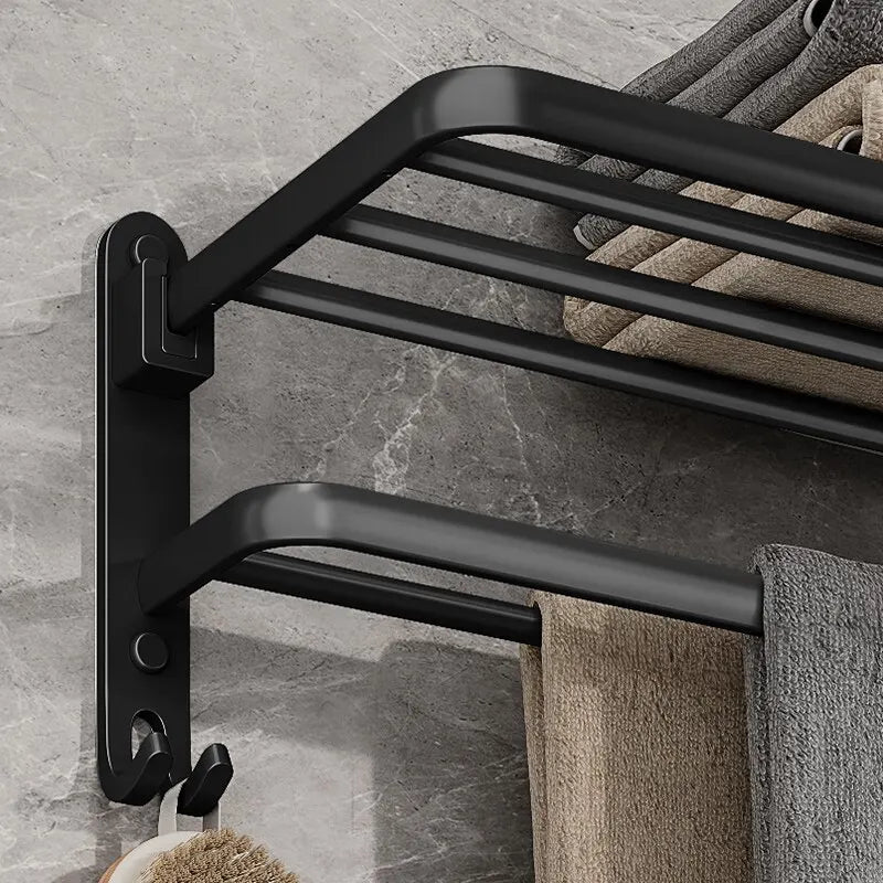 Matte Black Folding Towel Rack with Hook — Double Bar, Space Aluminum, 49×21cm