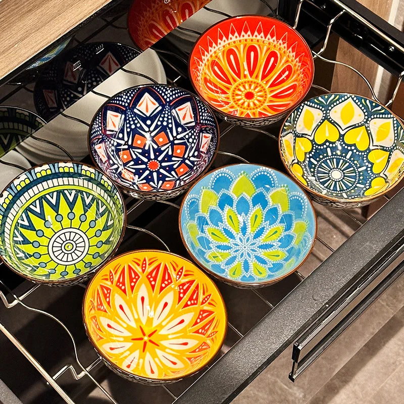 Handmade Bohemian Ceramic Bowls — Set of 6, Microwave & Dishwasher Safe