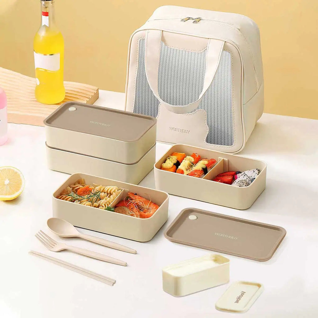 WORTHBUY Divided Bento Lunch Box — Leakproof, Microwave Safe, with Bag & Cutlery