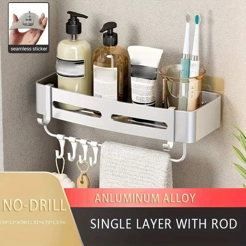 No-Drill Aluminum Corner Shower Shelf — Wall-Mounted Bathroom Organizer