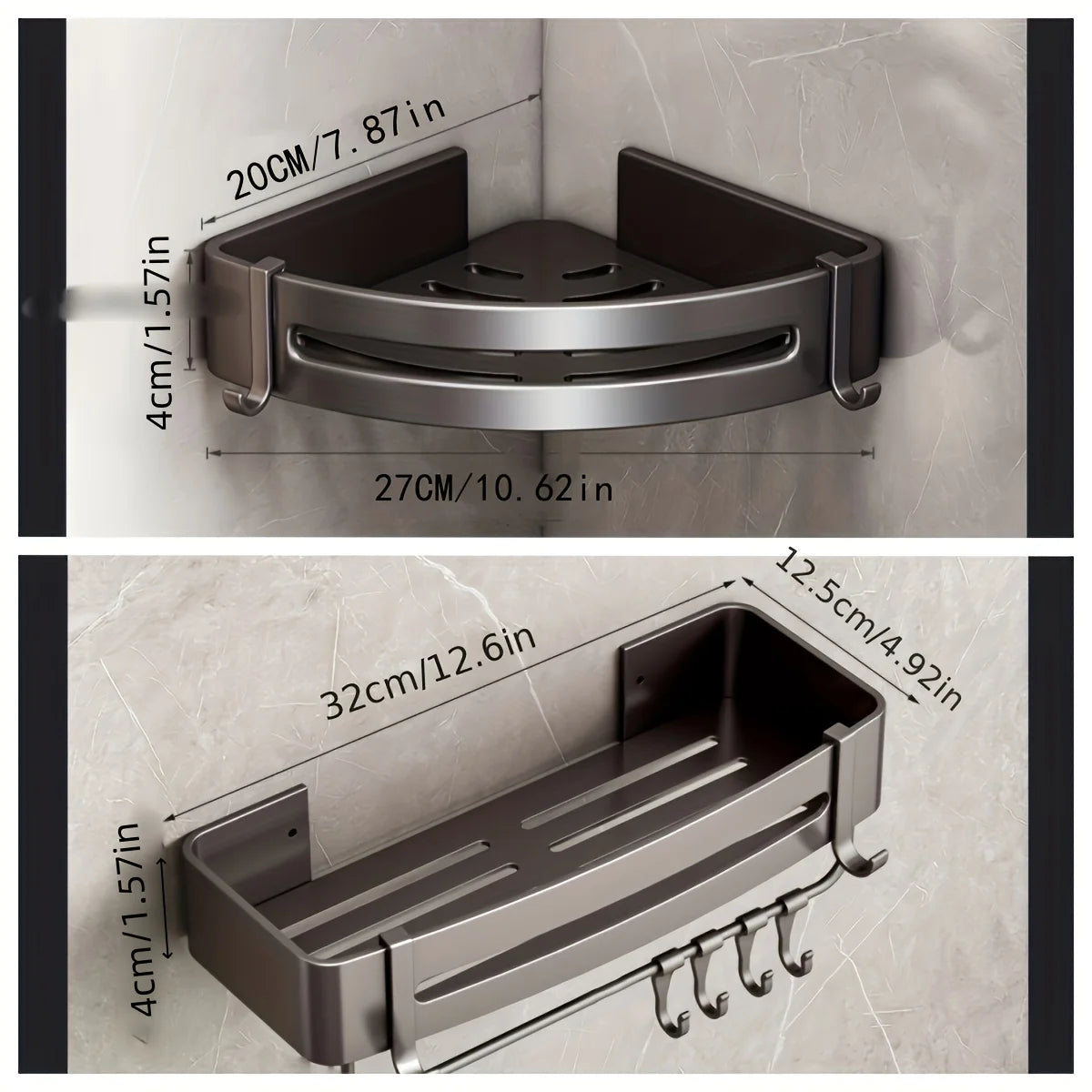 No-Drill Aluminum Corner Shower Shelf — Wall-Mounted Bathroom Organizer