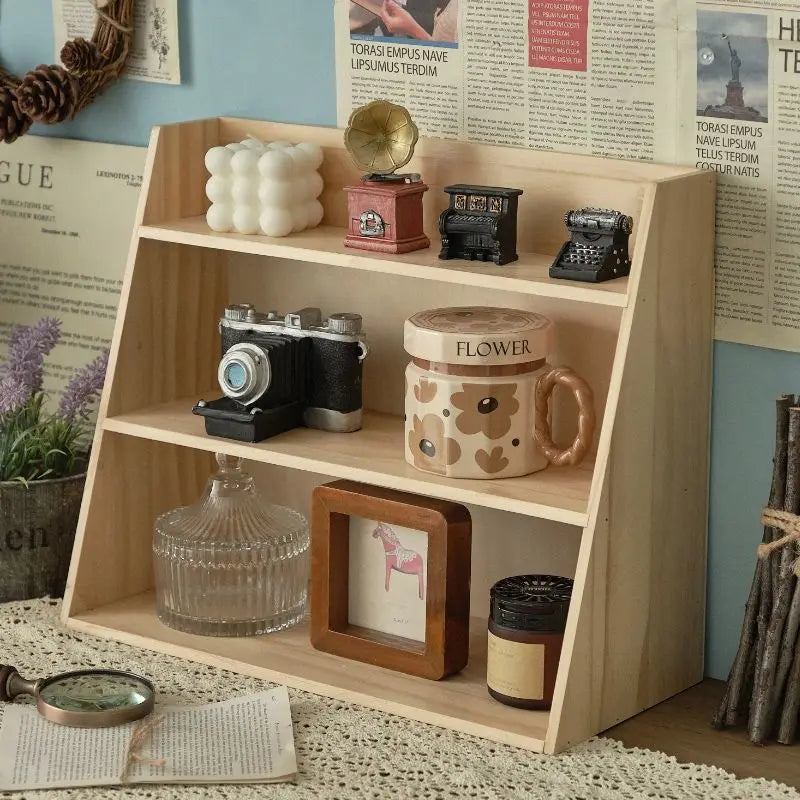 Solid Wood Retro Desktop Organizer — Multi-Layer Storage Rack