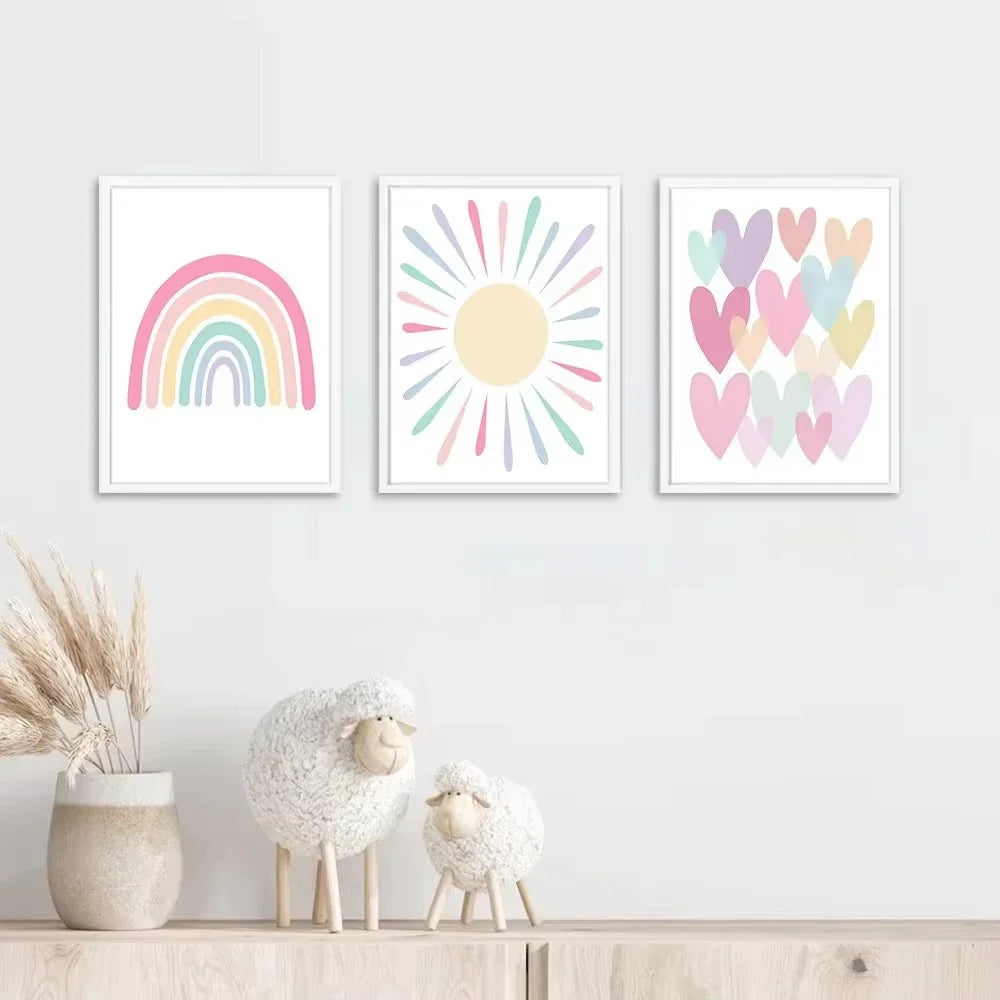 Cartoon Heart & Rainbow Nursery Canvas Poster — Unframed, Multiple Sizes