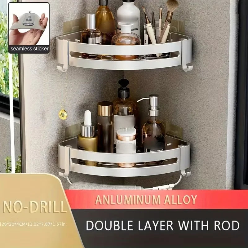 No-Drill Aluminum Corner Shower Shelf — Wall-Mounted Bathroom Organizer