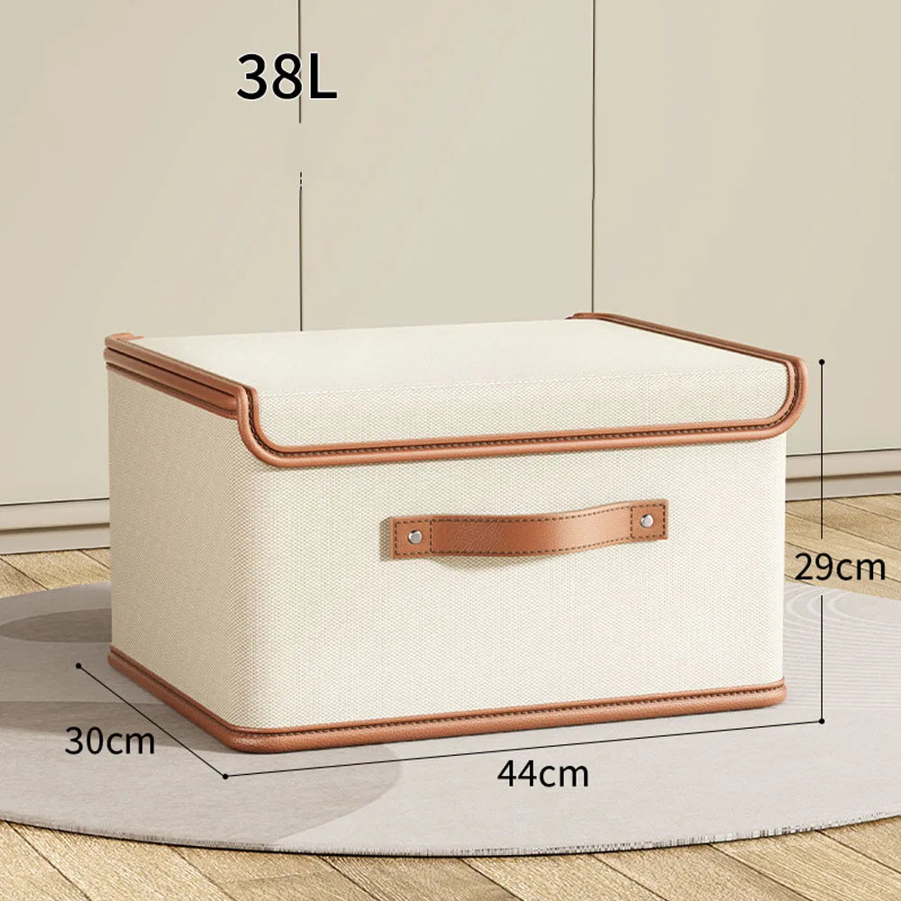 Zipped Cotton Linen Storage Box with Leather Handle