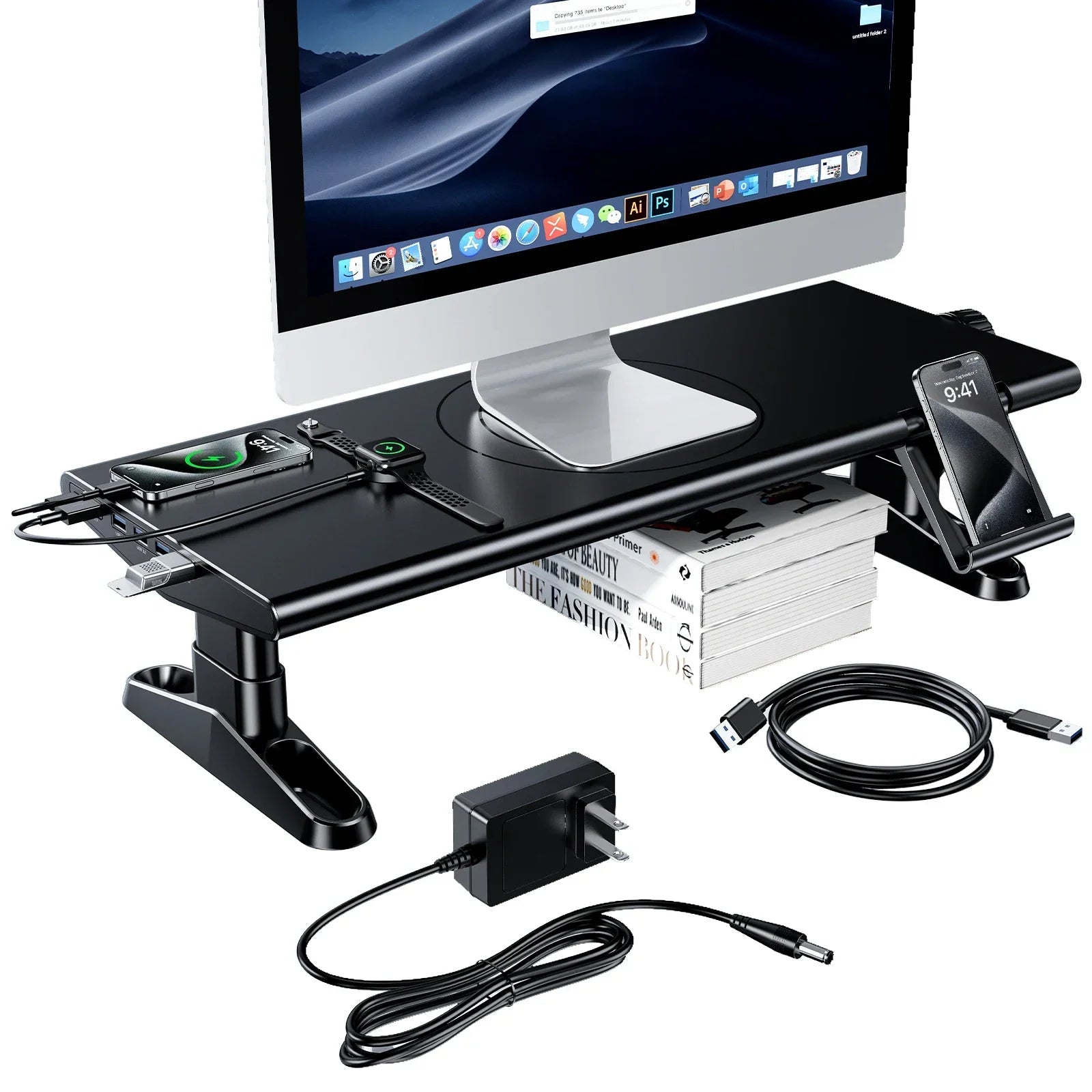 Height-Adjustable Monitor Stand Riser with USB Hub & Phone Holder