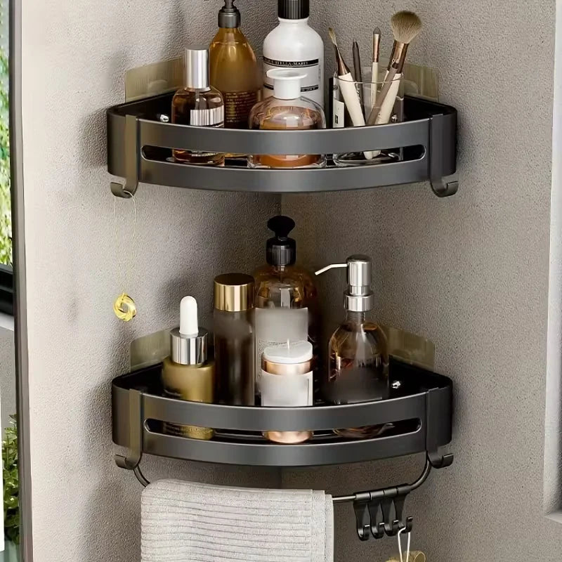 No-Drill Aluminum Corner Shower Shelf — Wall-Mounted Bathroom Organizer
