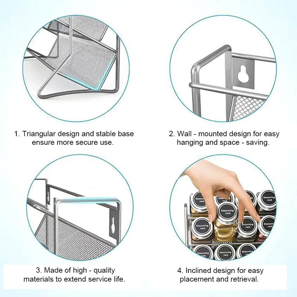 4-Tier Carbon Steel Spice Rack — Desktop or Wall-Mount, No-Drill