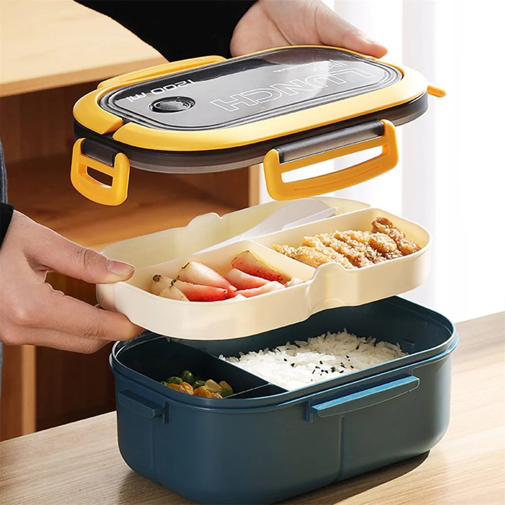 2-Layer Bento Lunch Box with Spoon & Fork — Leakproof, Portable