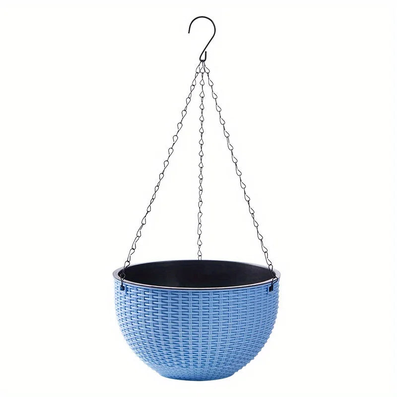 Elegant Polypropylene Self-Watering Hanging Planters with Rattan Design - Easy Drain Plug for Efficient Watering