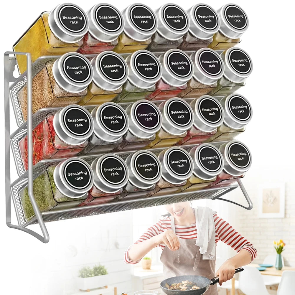 4-Tier Carbon Steel Spice Rack — Desktop or Wall-Mount, No-Drill