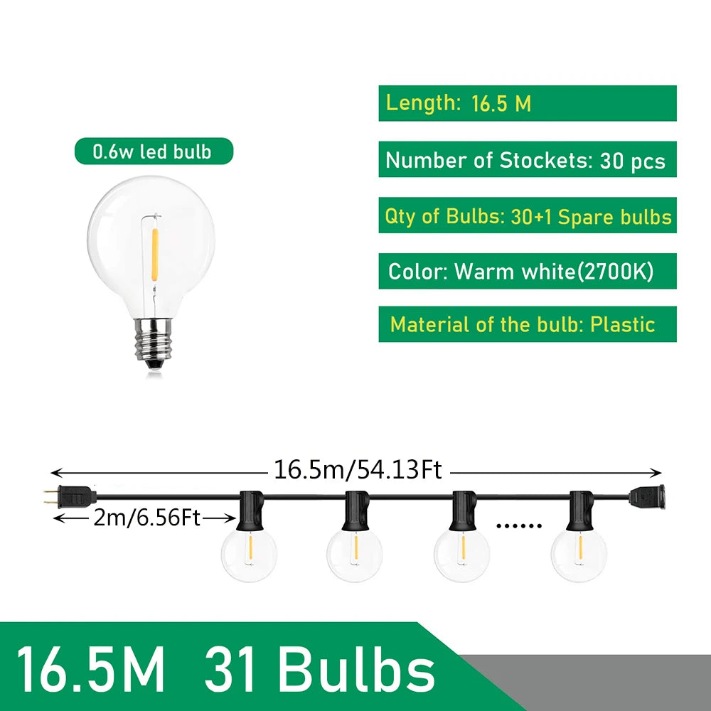 G40 Globe Festoon Outdoor String Lights — Warm White, Dimmable