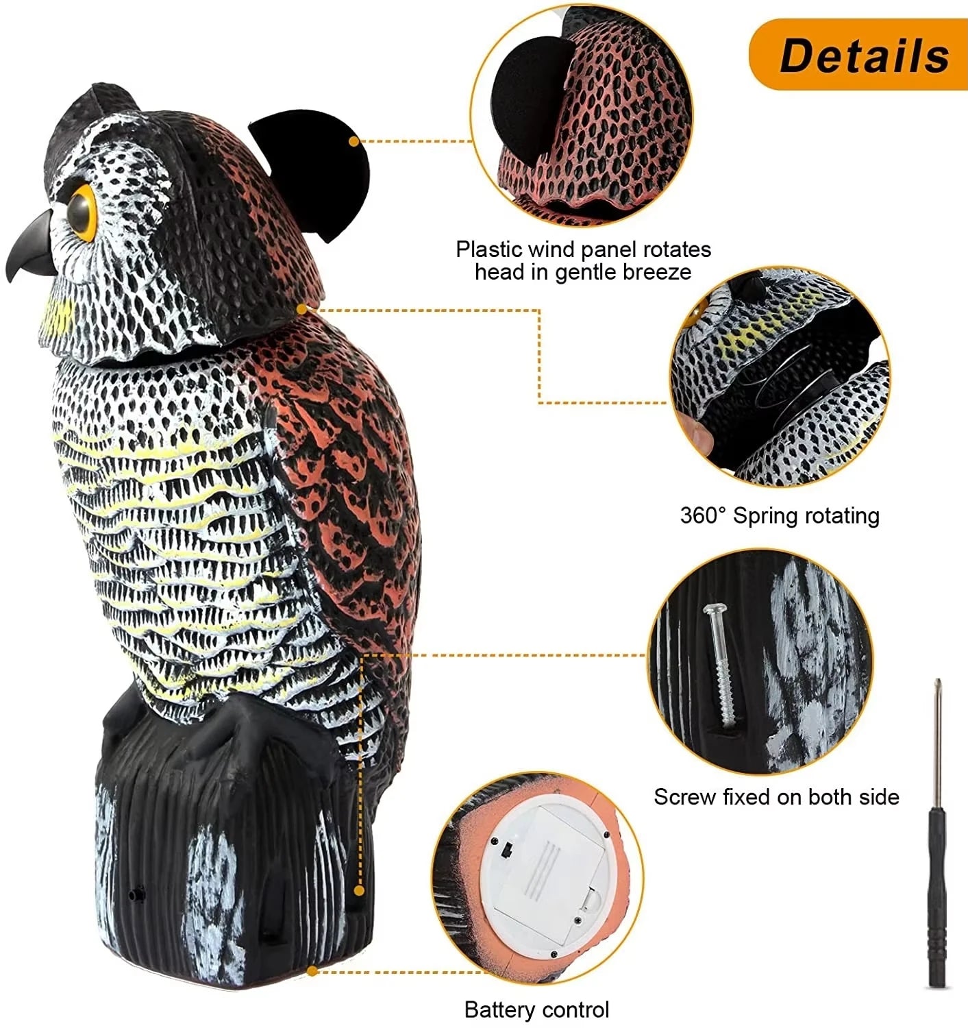 Realistic Owl Decoy Scarecrow — Rotating Head & Sound, Garden Bird Repellent