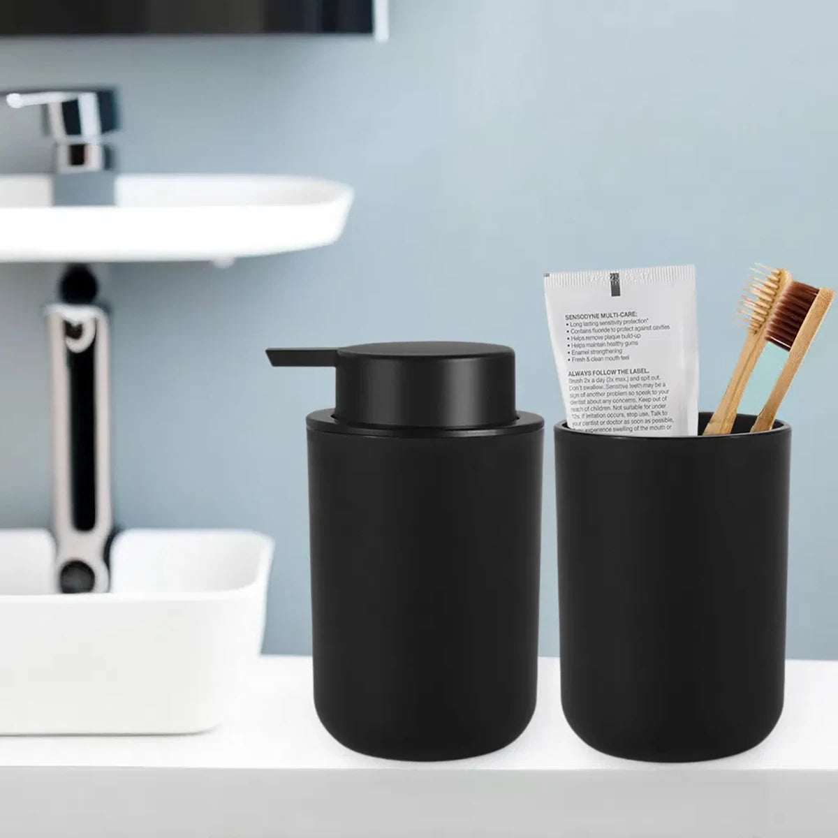 Refillable Foam Soap Dispenser with Mouthwash Cup — Plastic, Black or White