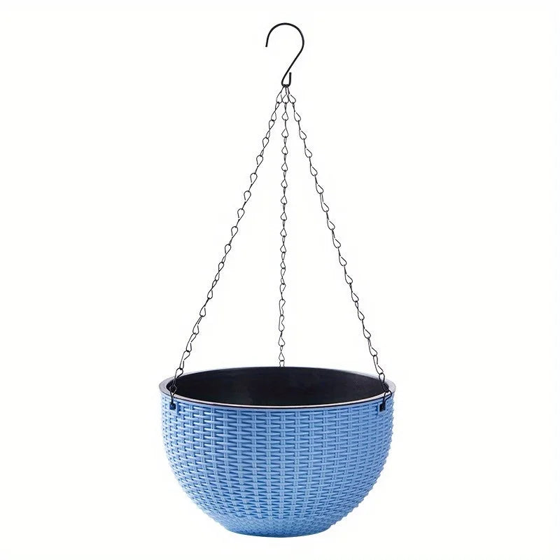 Elegant Polypropylene Self-Watering Hanging Planters with Rattan Design - Easy Drain Plug for Efficient Watering