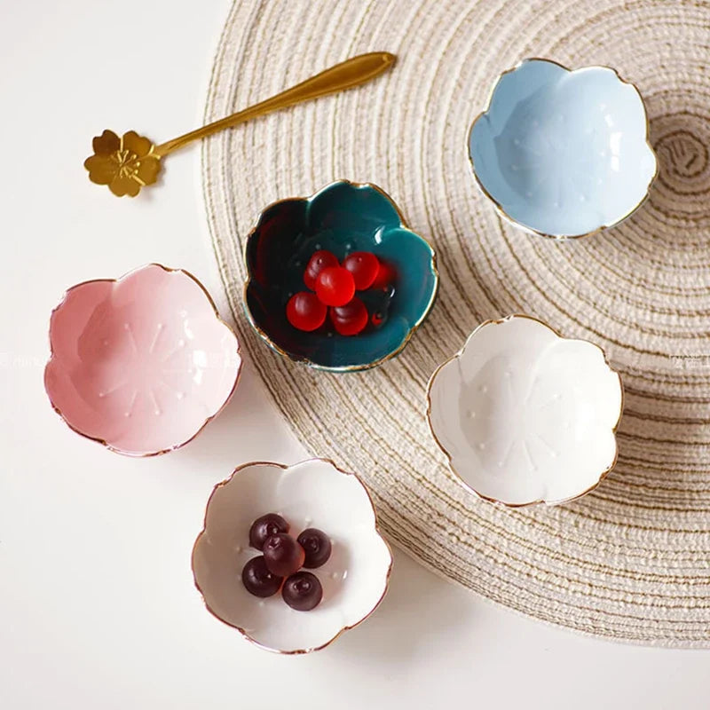 Sakura Ceramic Sauce Dish — Nordic Style, Gold Border, Set Options