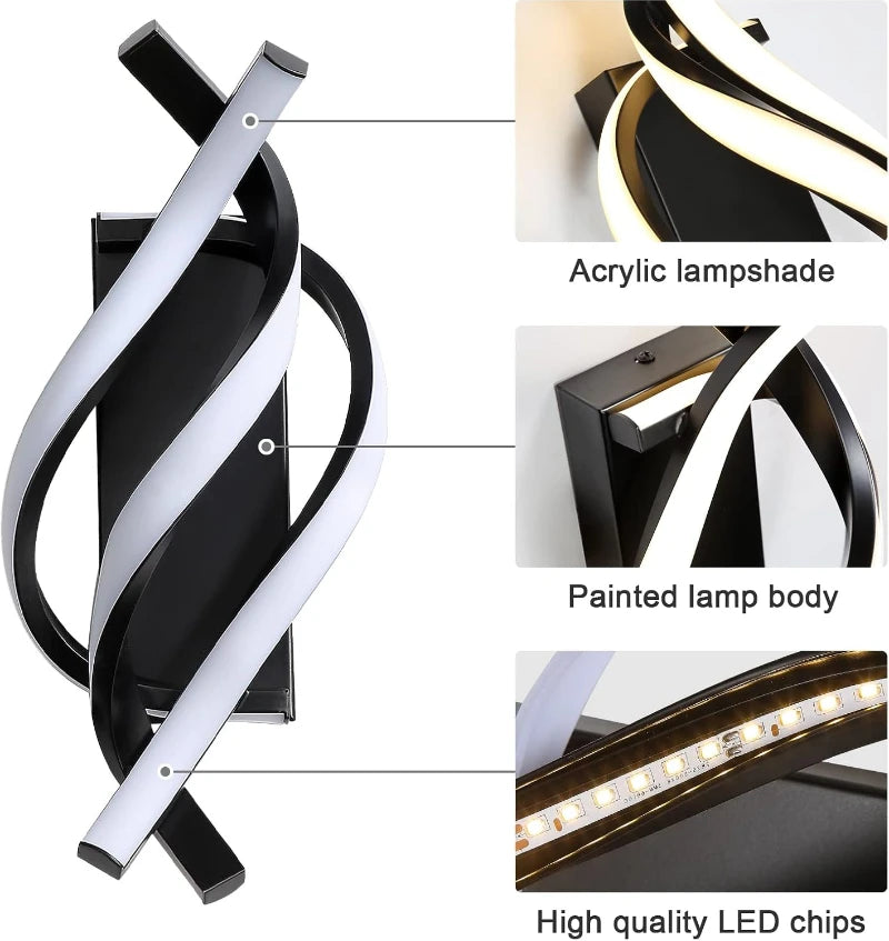 Curved Spiral LED Wall Lamp — 3 Colour Temperatures, Black or White