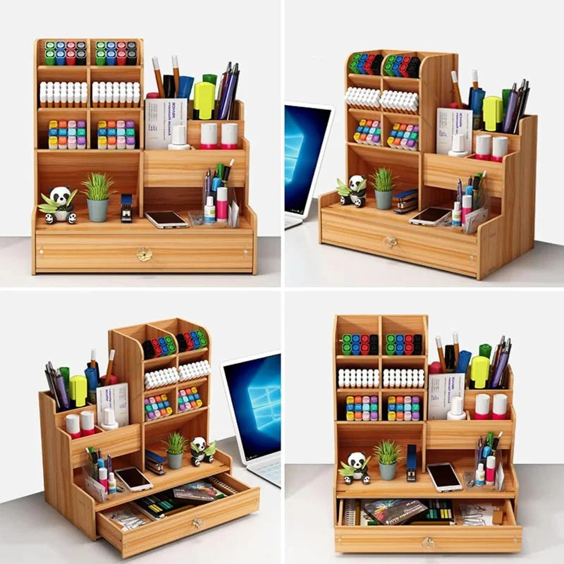 Wooden DIY Desk Organiser with Drawer — Pen & Stationery Storage