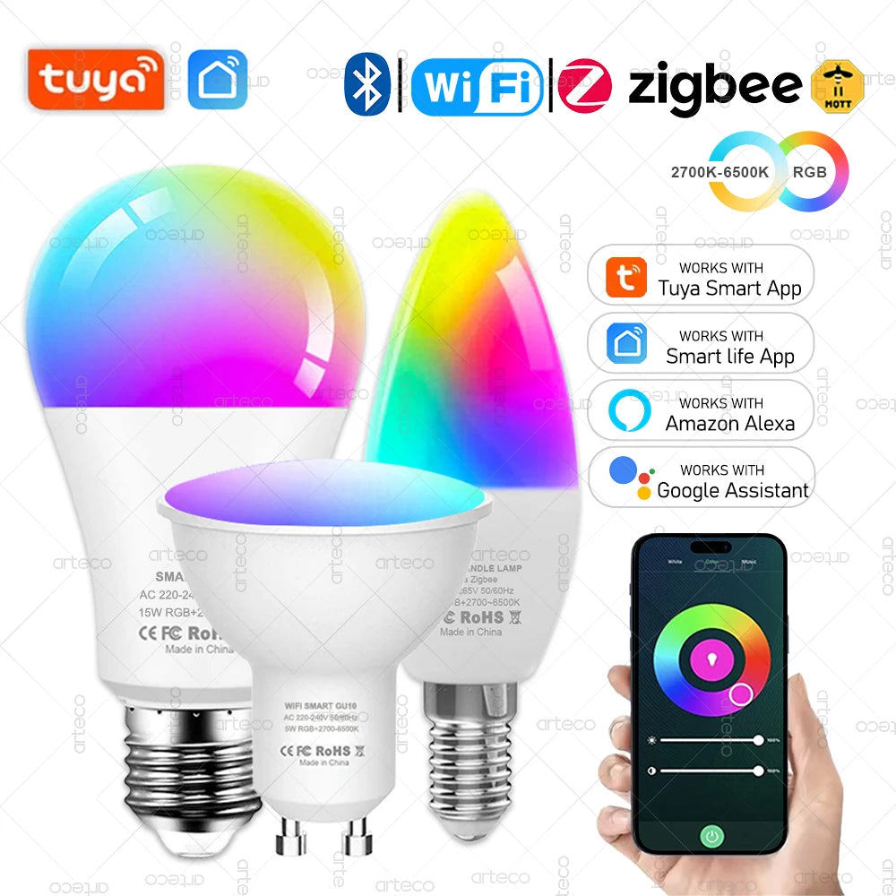 Tuya Smart Bulb — ZigBee, WiFi or Bluetooth, E27 / E14 / GU10, RGBCW