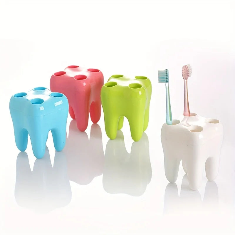Tooth-Shaped Plastic Toothbrush Holder — Freestanding Bathroom Organizer